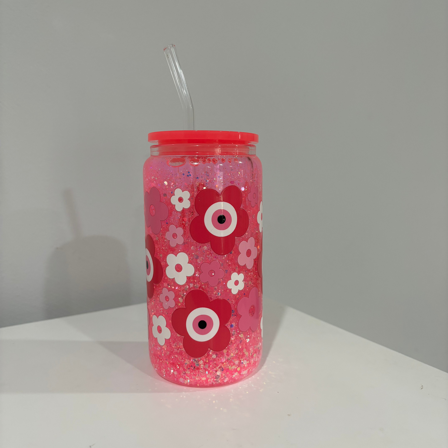 16oz Glass Snowglobe - Pink Evil Eye